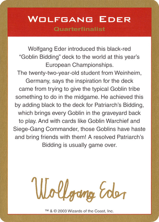 Wolfgang Eder Bio [World Championship Decks 2003] | Empire Gaming NC