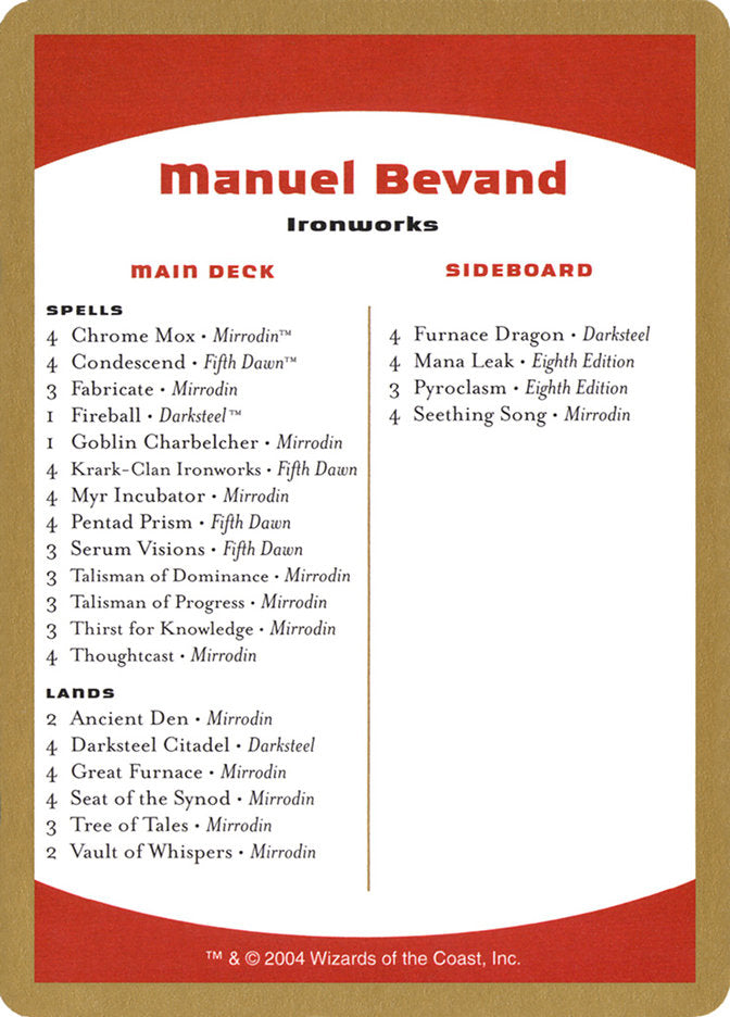 Manuel Bevand Decklist [World Championship Decks 2004] | Empire Gaming NC