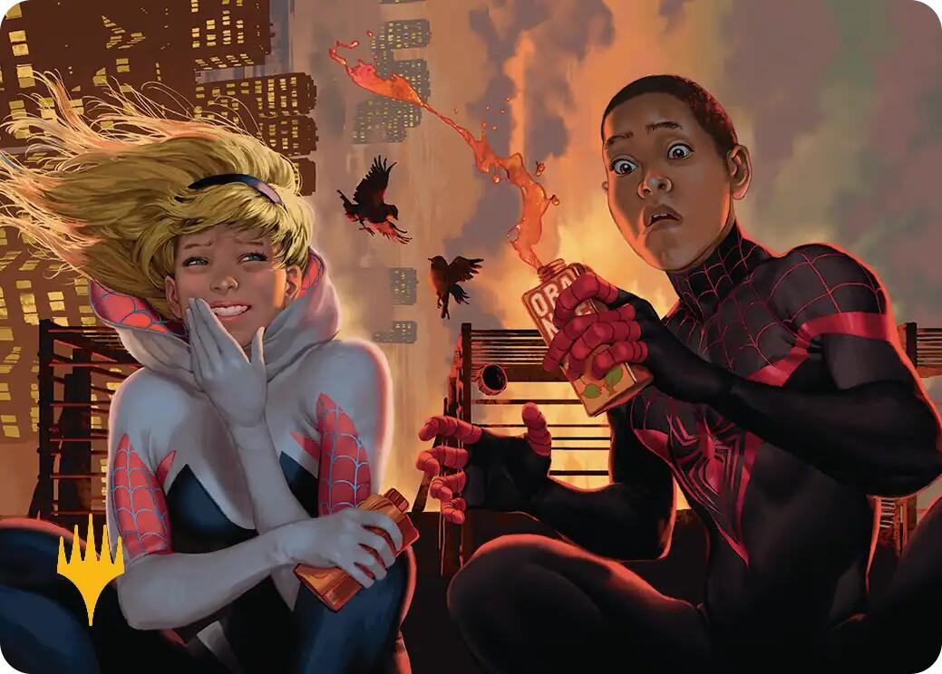 Heroes' Hangout Art Card (Gold-Stamped Planeswalker Symbol) [Marvel's Spider-Man Art Series] | Empire Gaming NC