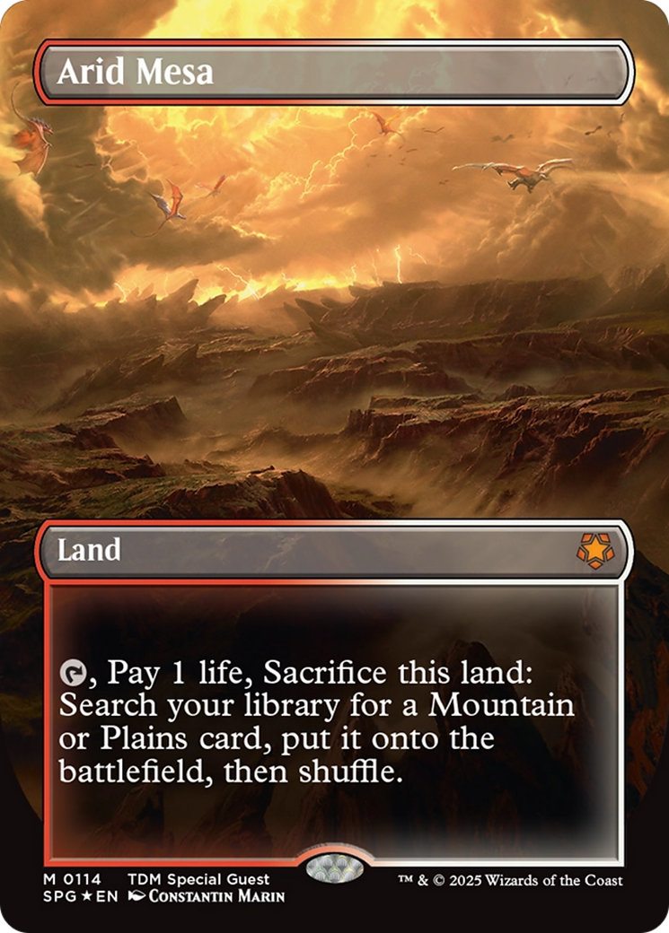 Arid Mesa (Borderless) (Dragonscale Foil) [Tarkir: Dragonstorm Special Guests] | Empire Gaming NC