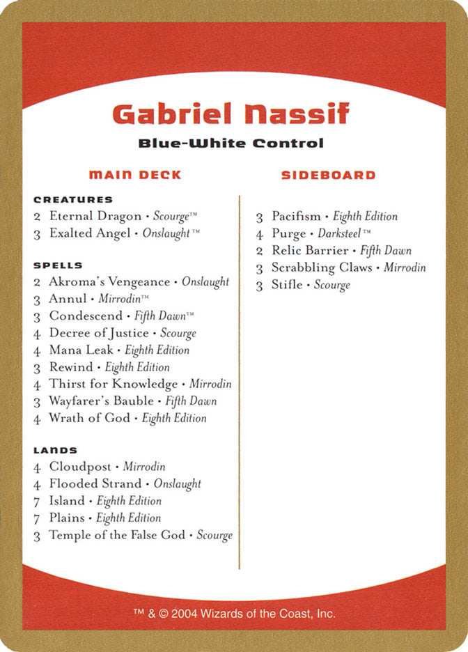 Gabriel Nassif Decklist [World Championship Decks 2004] | Empire Gaming NC