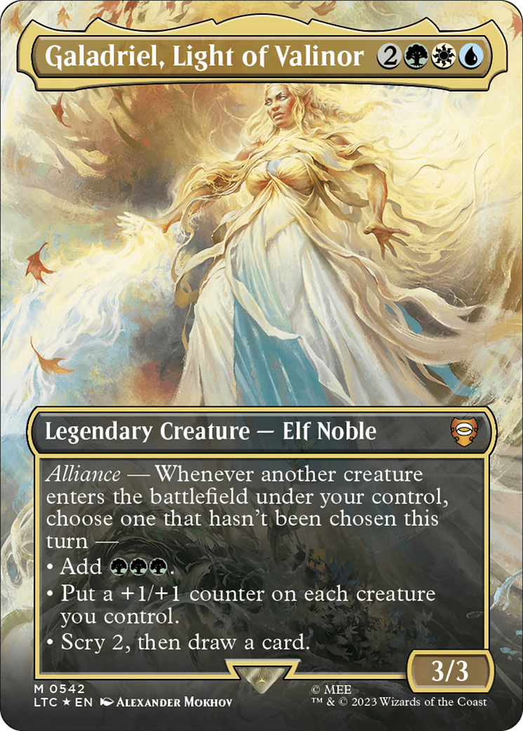 Galadriel, Light of Valinor (Borderless) (Surge Foil) [The Lord of the Rings: Tales of Middle-Earth Commander] | Empire Gaming NC