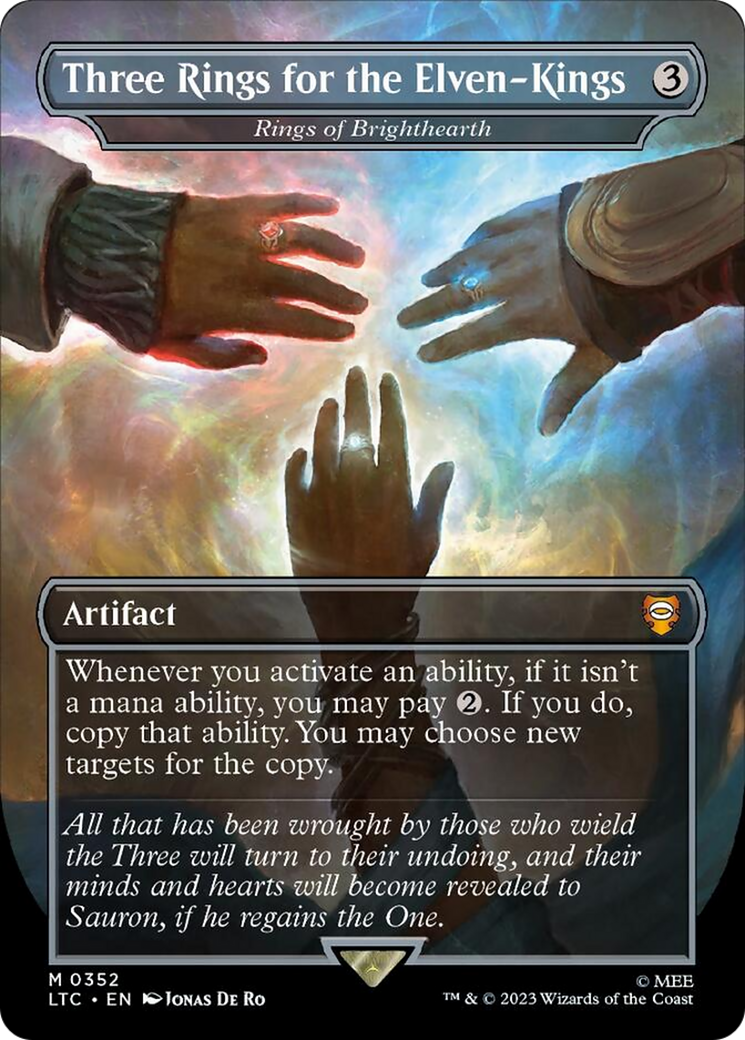 Three Rings for the Elven-Kings - Rings of Brighthearth (Borderless) (Surge Foil) [The Lord of the Rings: Tales of Middle-Earth Commander] | Empire Gaming NC