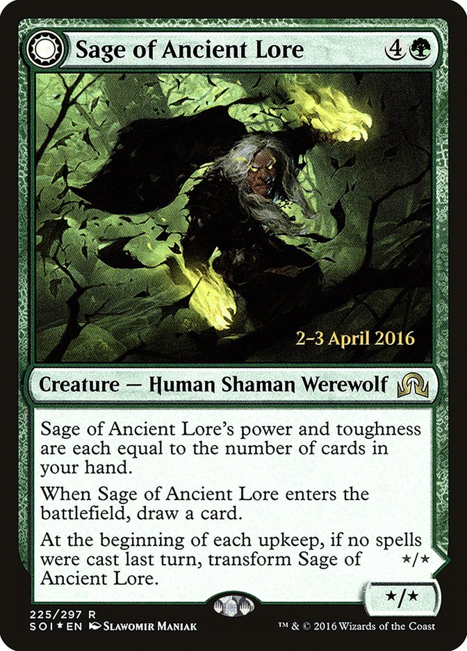 Sage of Ancient Lore // Werewolf of Ancient Hunger [Shadows over Innistrad Prerelease Promos] | Empire Gaming NC