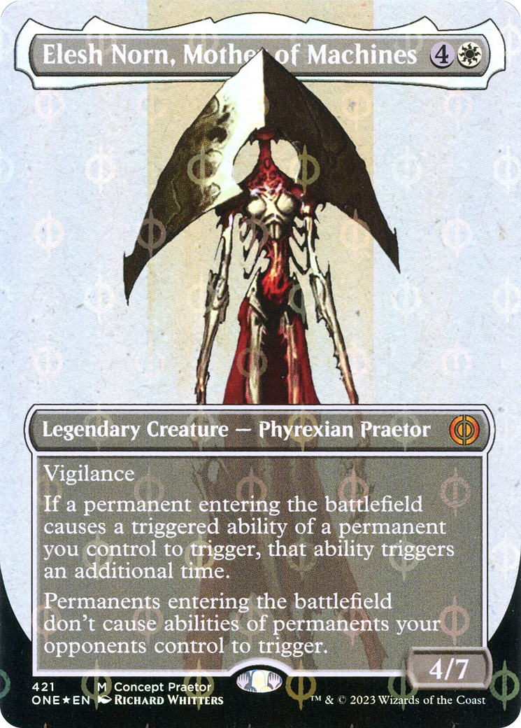 Elesh Norn, Mother of Machines (Borderless Concept Praetors Step-and-Compleat Foil) [Phyrexia: All Will Be One] | Empire Gaming NC