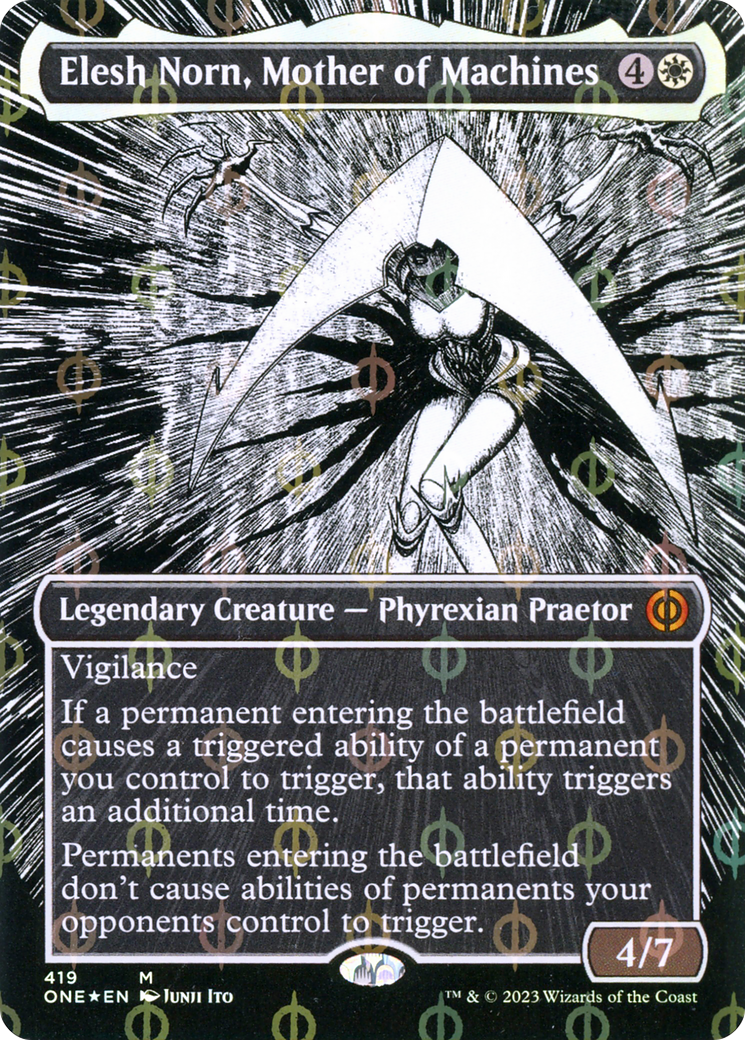 Elesh Norn, Mother of Machines (Borderless Manga Step-and-Compleat Foil) [Phyrexia: All Will Be One] | Empire Gaming NC