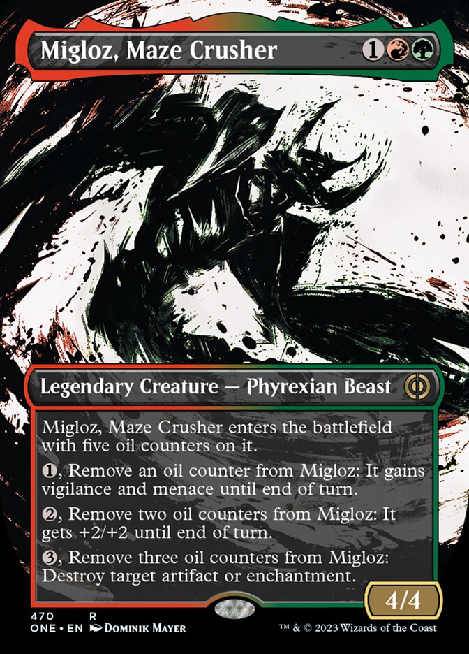 Migloz, Maze Crusher (Borderless Ichor Step-and-Compleat Foil) [Phyrexia: All Will Be One] | Empire Gaming NC